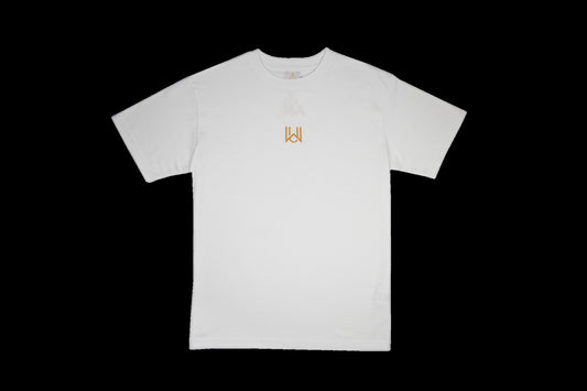 WAKE UP Oversized T-Shirt Weiß – Vorderseite mit goldener Monogramm-Stickerei