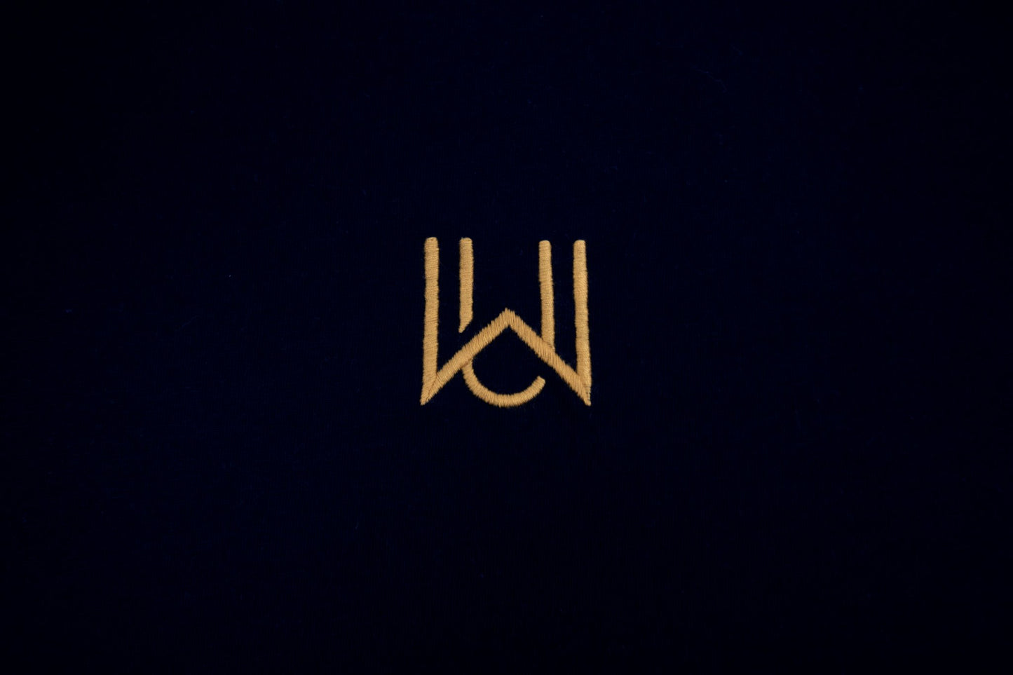WAKE Monogramm in Gold auf schwarzem Oversized T-Shirt – Stickdetail Vorderseite