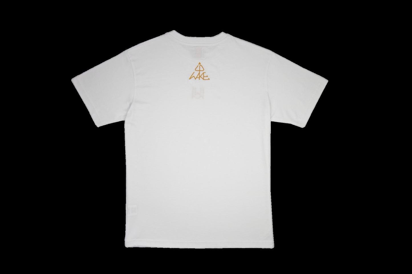 WAKE UP Oversized T-Shirt Weiß – Rückseite mit goldener pyramidenförmiger Wortmarke